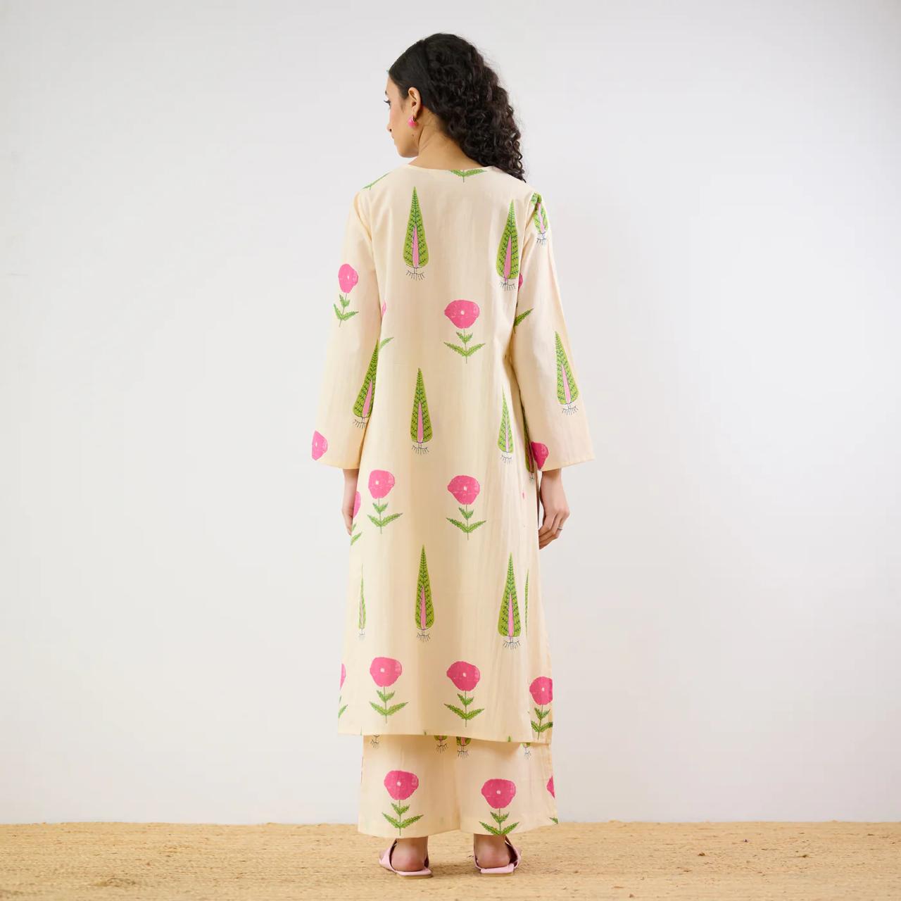 Beige Floral Printed Kurta Set with Palazzo Pants for Women