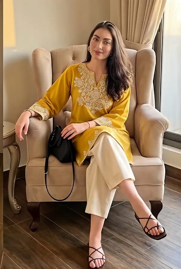 Yellow Embroidered Kurta Pant Set for Women