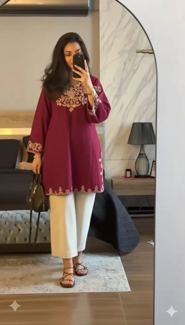 Maroon Embroidered Kurta Pant Set for Women
