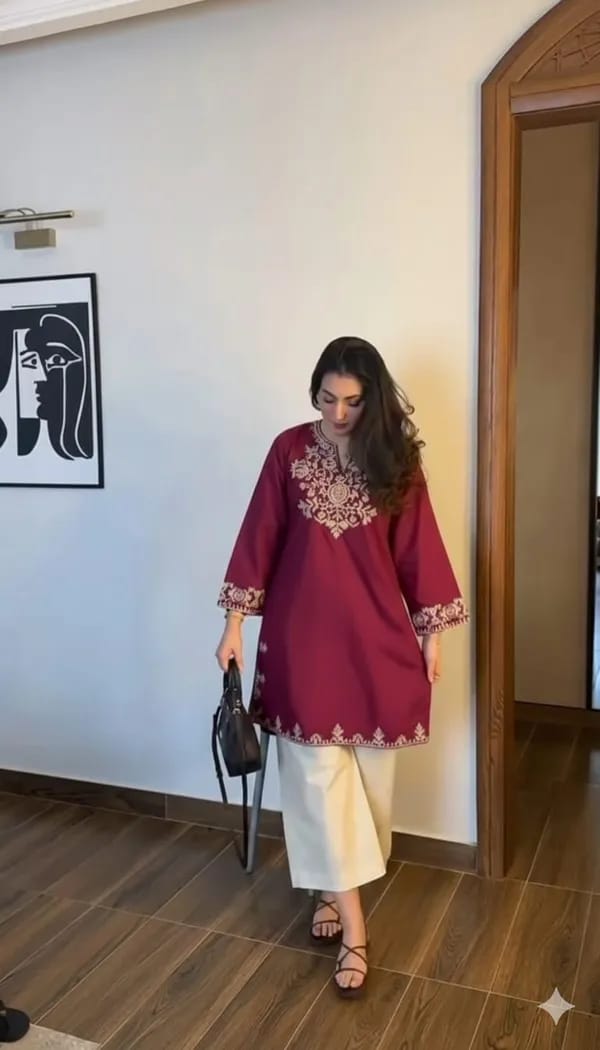 Maroon Embroidered Kurta Pant Set for Women