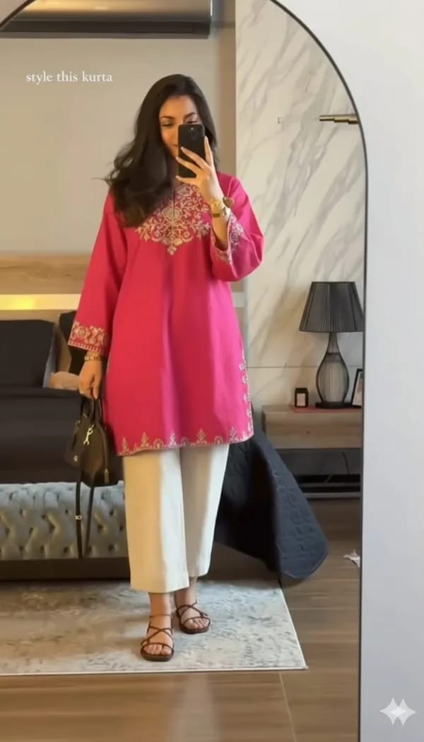 Pink Embroidered Kurta Pant Set for Women