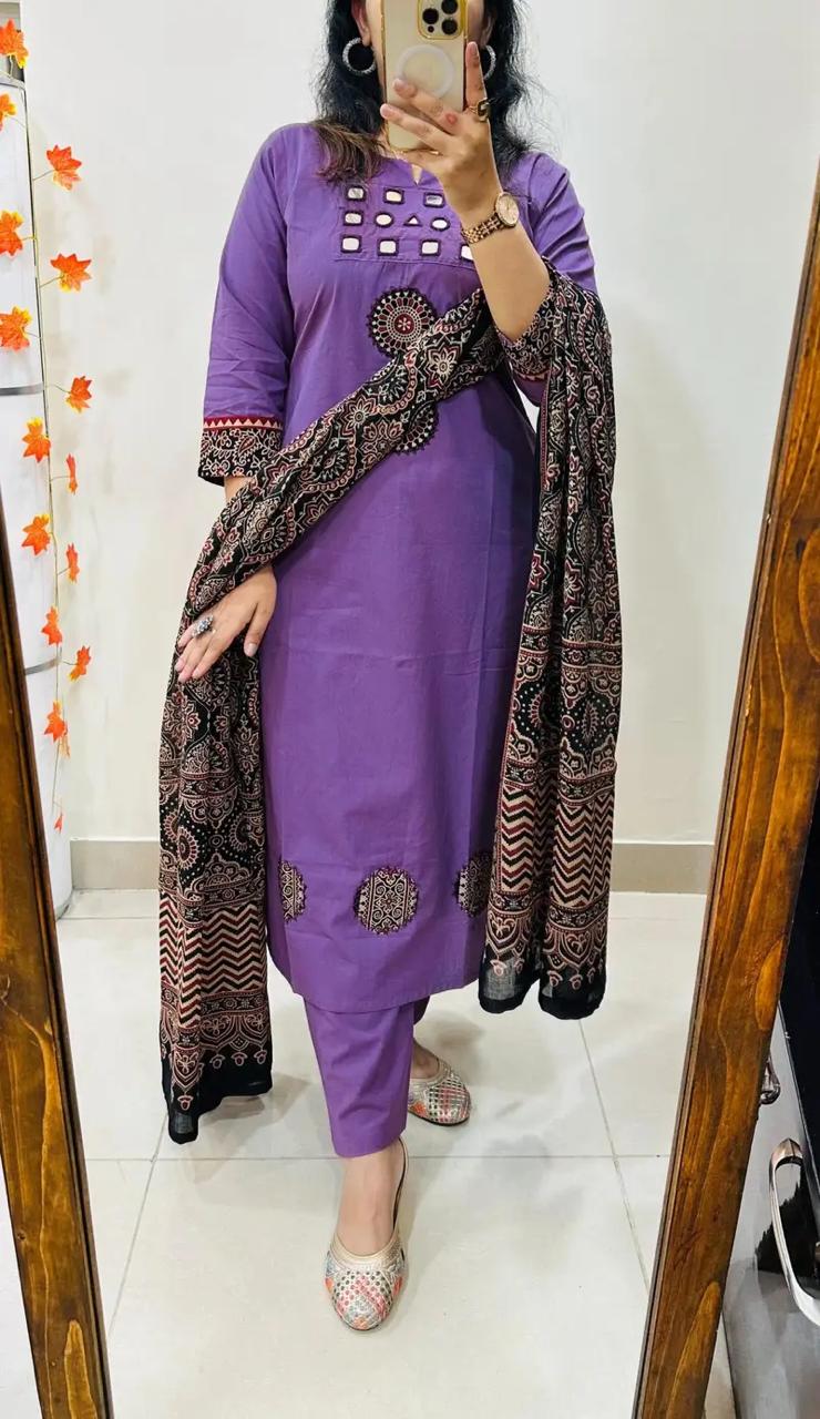Purple Kurta Set with Mirror Work & Ajrakh Print Dupatta for Women