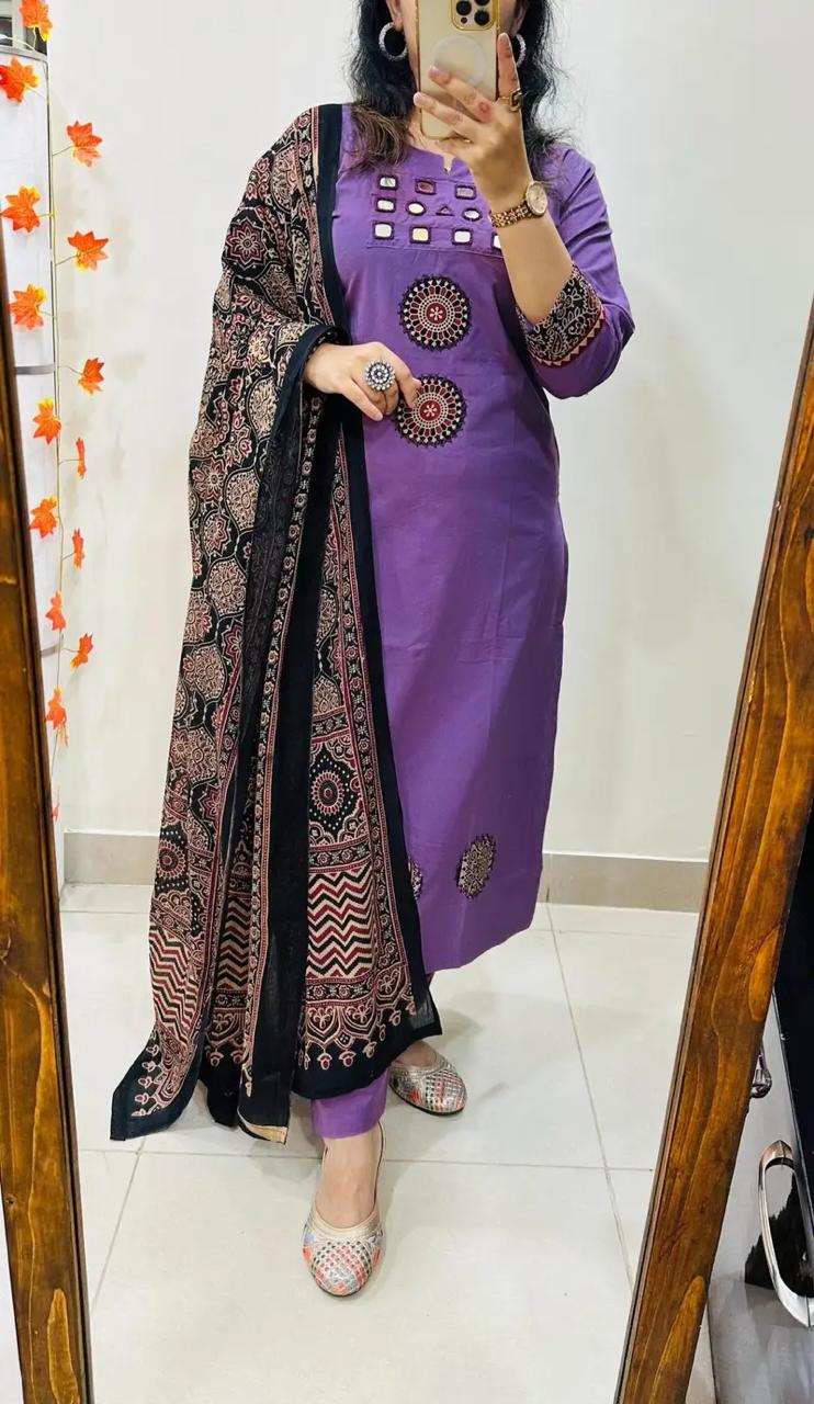 Purple Kurta Set with Mirror Work & Ajrakh Print Dupatta for Women