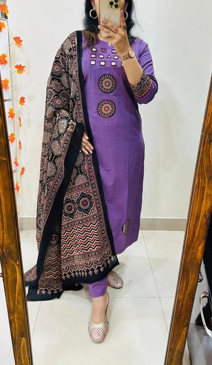 Purple Kurta Set with Mirror Work & Ajrakh Print Dupatta for Women