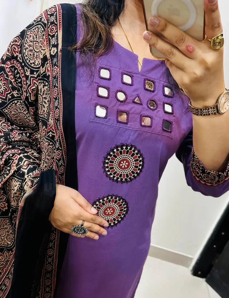 Purple Kurta Set with Mirror Work & Ajrakh Print Dupatta for Women