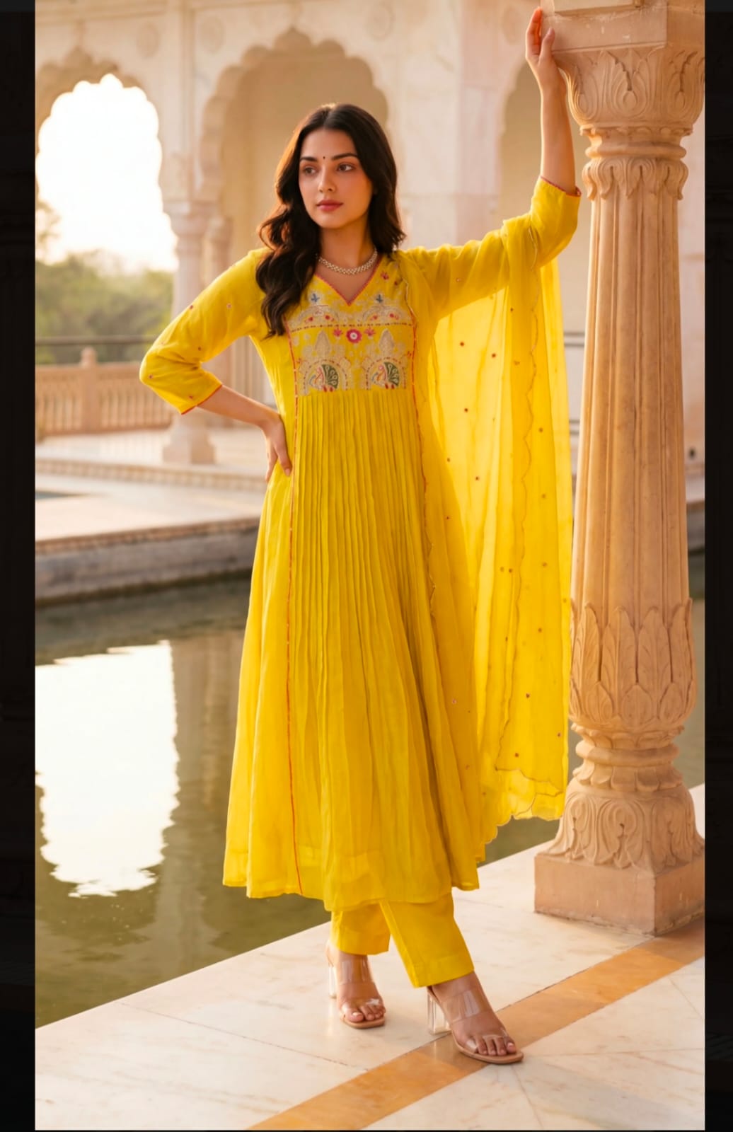 Yellow Embroidered Anarkali Kurta Set with Zari Detailing for Women