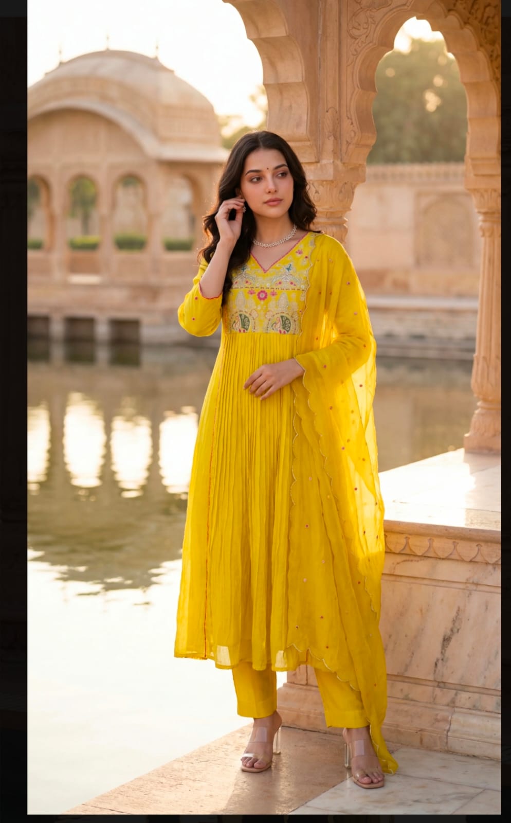Yellow Embroidered Anarkali Kurta Set with Zari Detailing for Women
