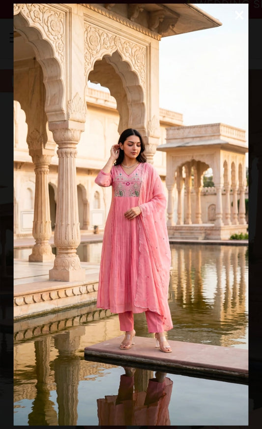 Pastel Pink Embroidered Anarkali Kurta Set for Women