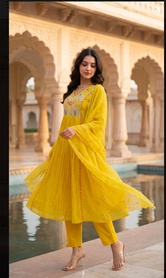 Yellow Embroidered Anarkali Kurta Set with Zari Detailing for Women