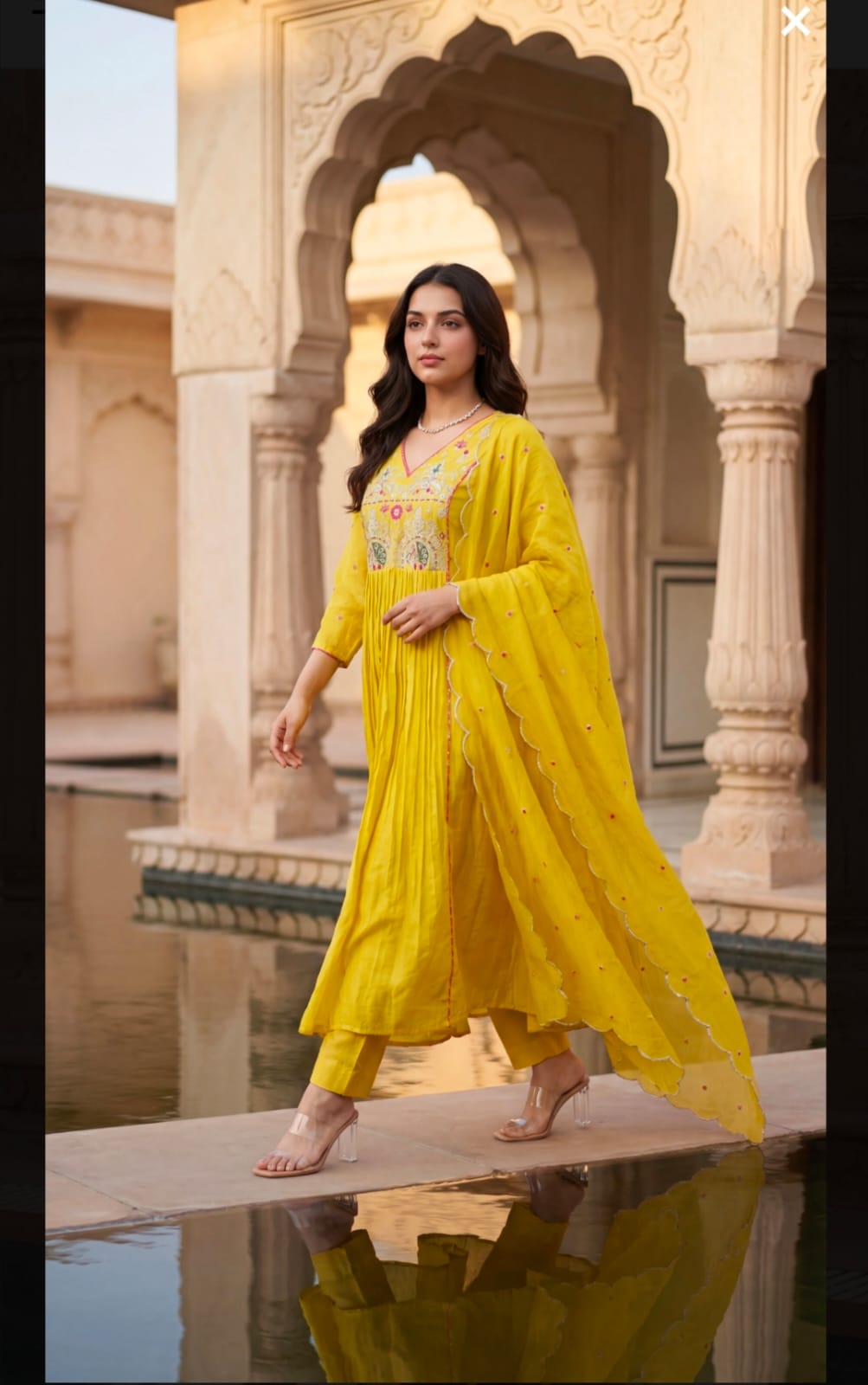 Yellow Embroidered Anarkali Kurta Set with Zari Detailing for Women