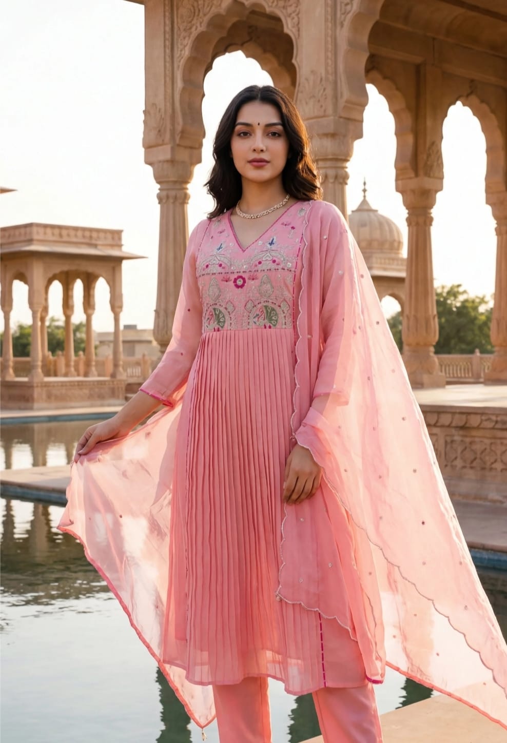 Pastel Pink Embroidered Anarkali Kurta Set for Women