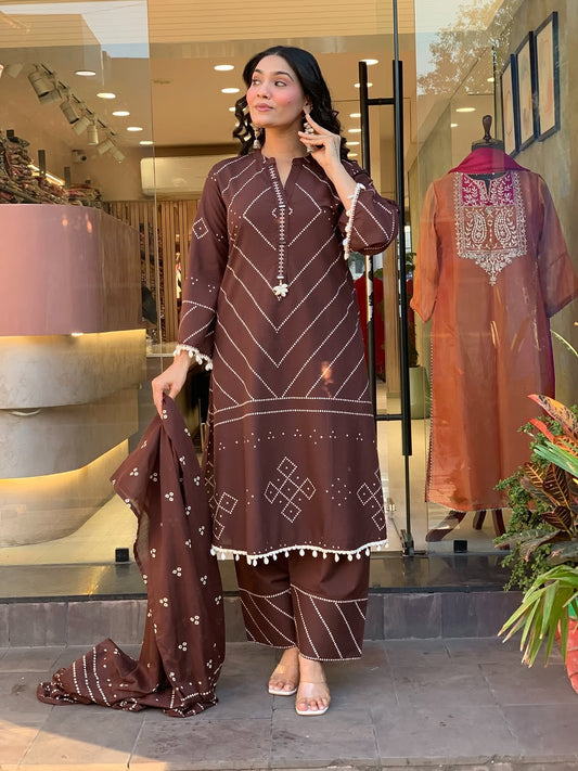 Premium Chocolate Brown Kurti Pant Dupatta Set