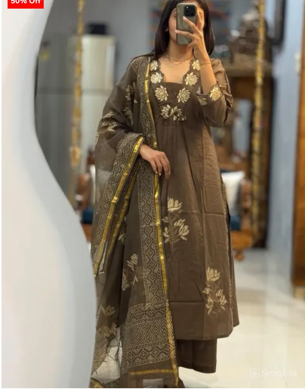 Elegant Brown Ethnic Kurta Pant Suit with Floral Embroidery