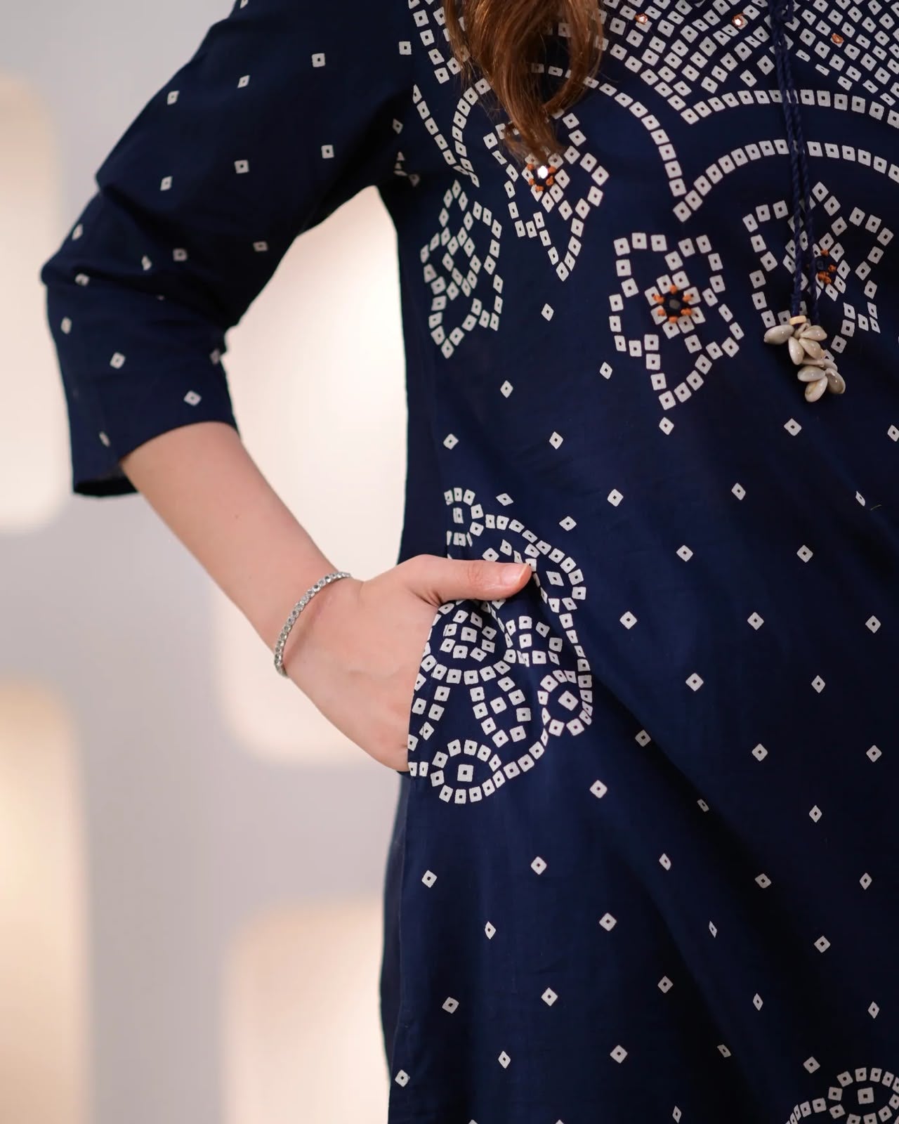 Navy Blue Bandhani Print Kurta Pant Set