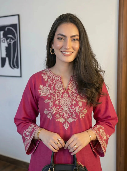 Pink Embroidered Kurta Pant Set for Women