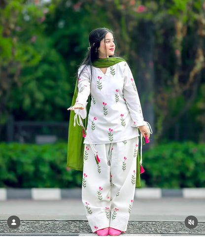 Women’s White Floral Printed Kurta Pant Set with Olive Green Dupatta