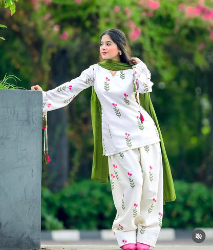 Women’s White Floral Printed Kurta Pant Set with Olive Green Dupatta