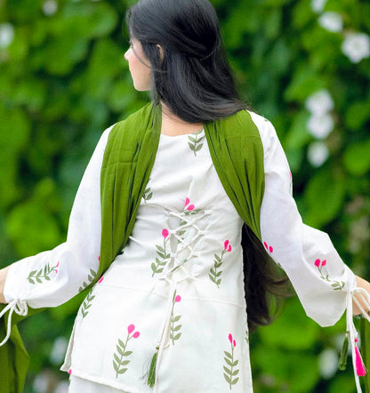 Women’s White Floral Printed Kurta Pant Set with Olive Green Dupatta