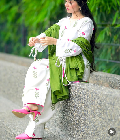 Women’s White Floral Printed Kurta Pant Set with Olive Green Dupatta