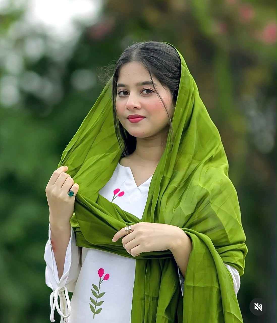 Women’s White Floral Printed Kurta Pant Set with Olive Green Dupatta