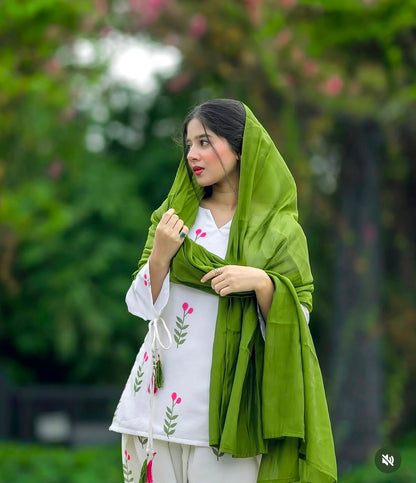 Women’s White Floral Printed Kurta Pant Set with Olive Green Dupatta
