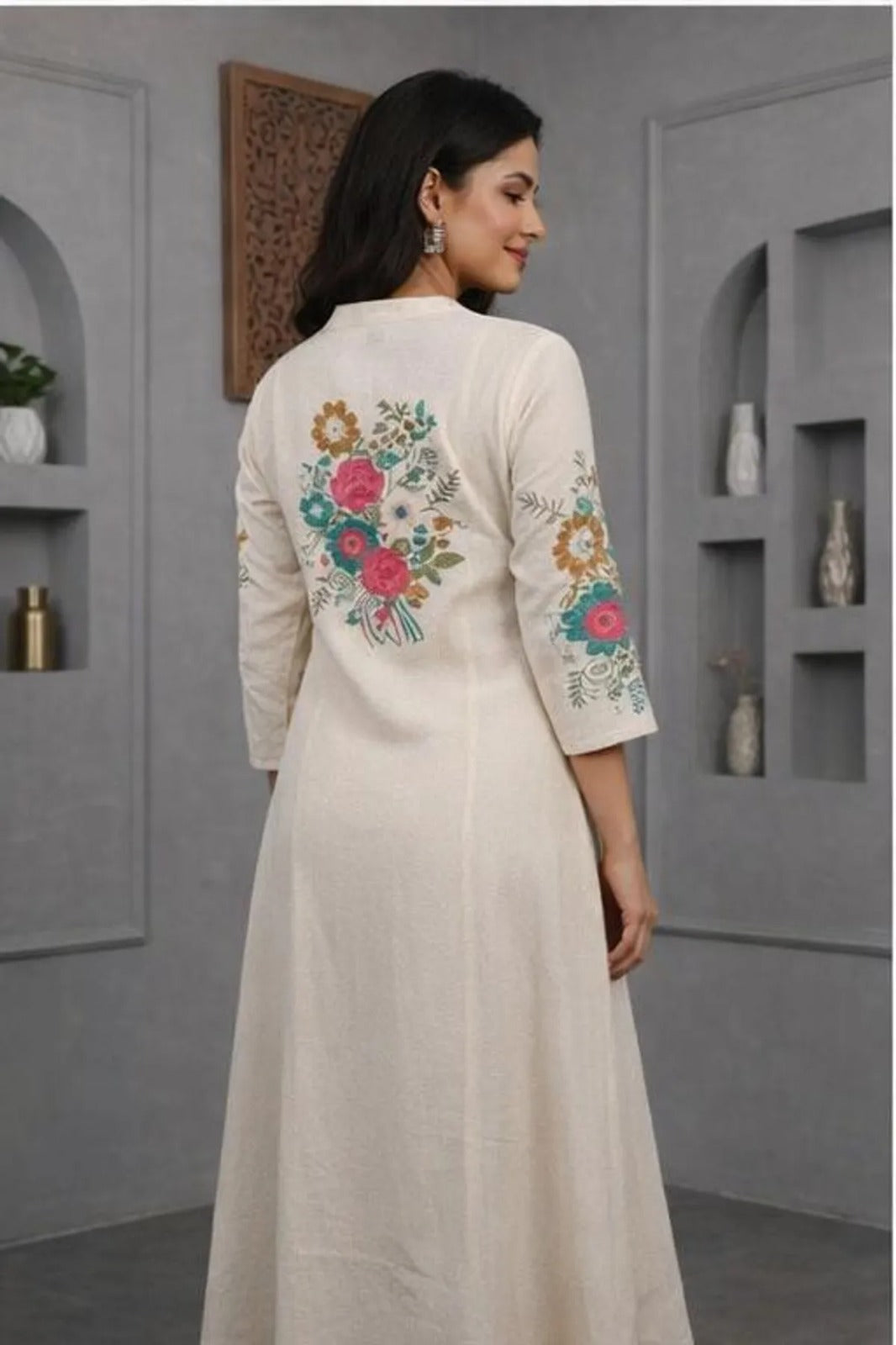 Cream Purple Printed Kurta Palazzo Dupatta Set