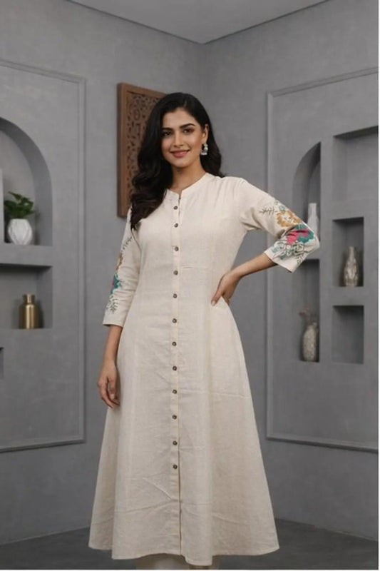 Cream Purple Printed Kurta Palazzo Dupatta Set