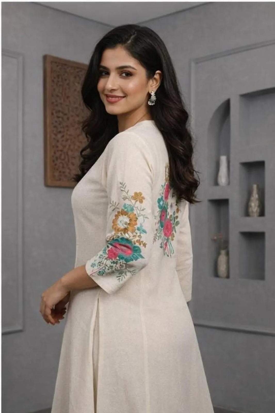 Cream Purple Printed Kurta Palazzo Dupatta Set