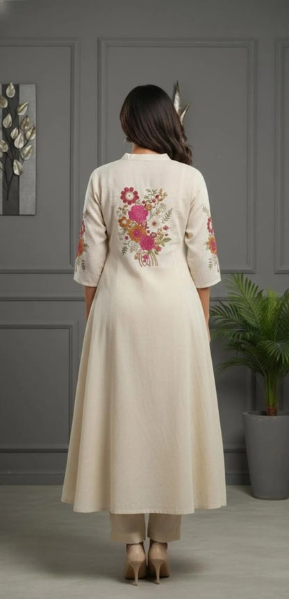 Cream Purple Printed Kurta Palazzo Dupatta Set
