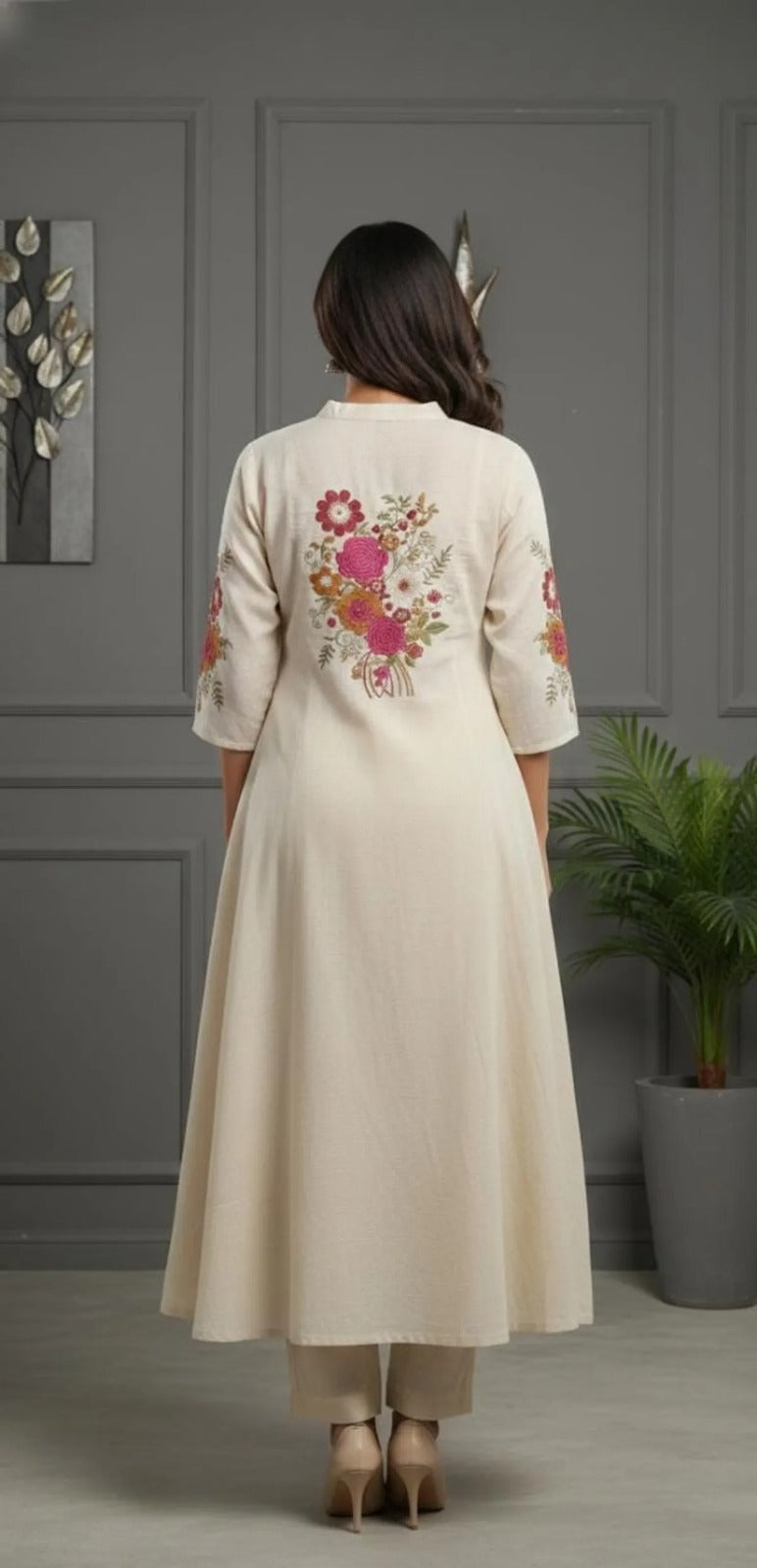 Cream Purple Printed Kurta Palazzo Dupatta Set