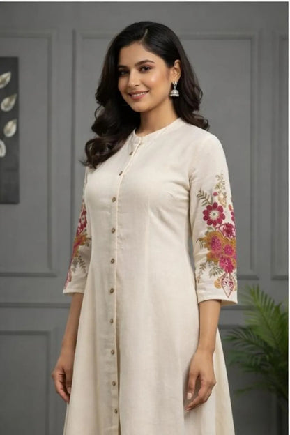 Cream Purple Printed Kurta Palazzo Dupatta Set