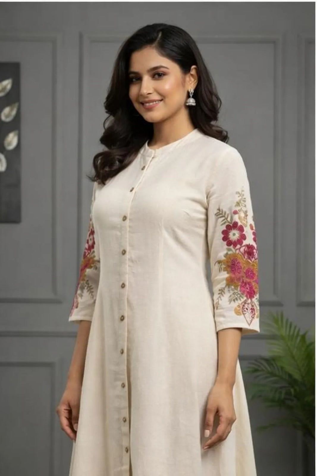 Cream Purple Printed Kurta Palazzo Dupatta Set
