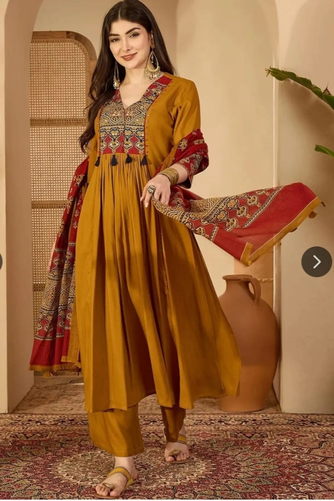 Mustard Printed Anarkali Suit Set With Dupatta