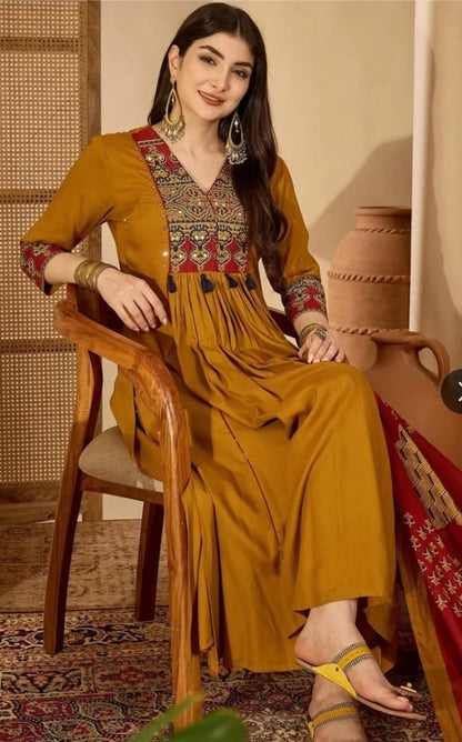 Mustard Printed Anarkali Suit Set With Dupatta