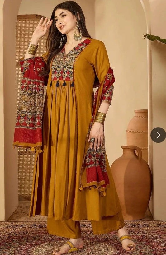 Mustard Printed Anarkali Suit Set With Dupatta