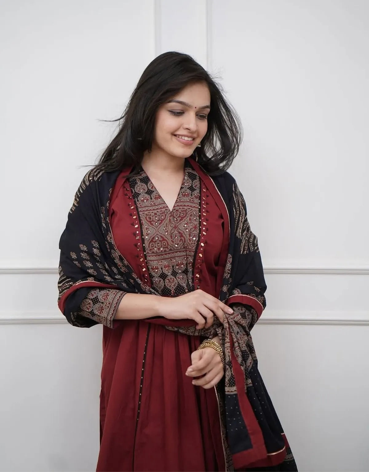 Maroon Printed Anarkali Suit Set With Dupatta