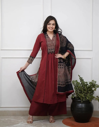 Maroon Printed Anarkali Suit Set With Dupatta