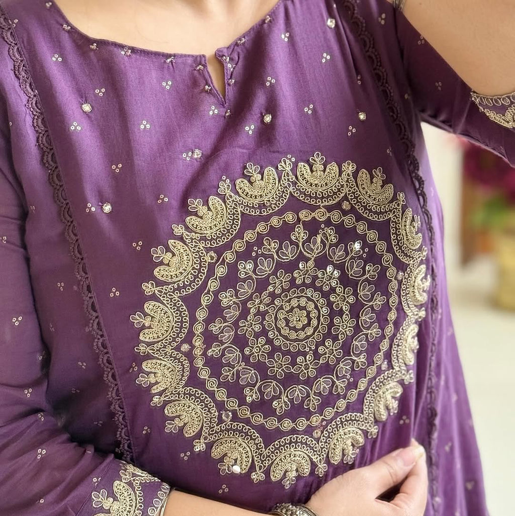 Purple Elegant A-Line Kurti with Embroidery & Dupatta