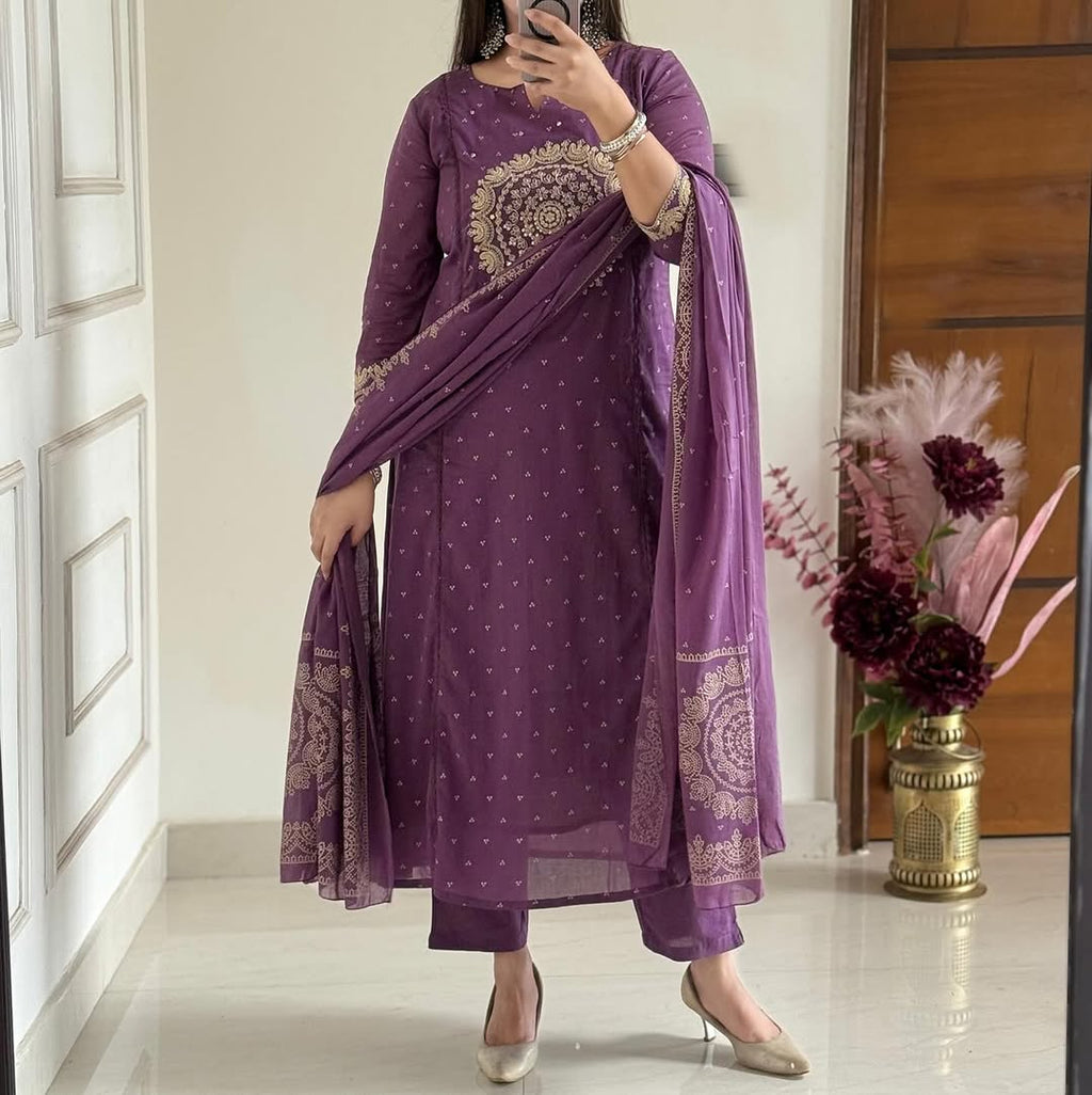 Purple Elegant A-Line Kurti with Embroidery & Dupatta