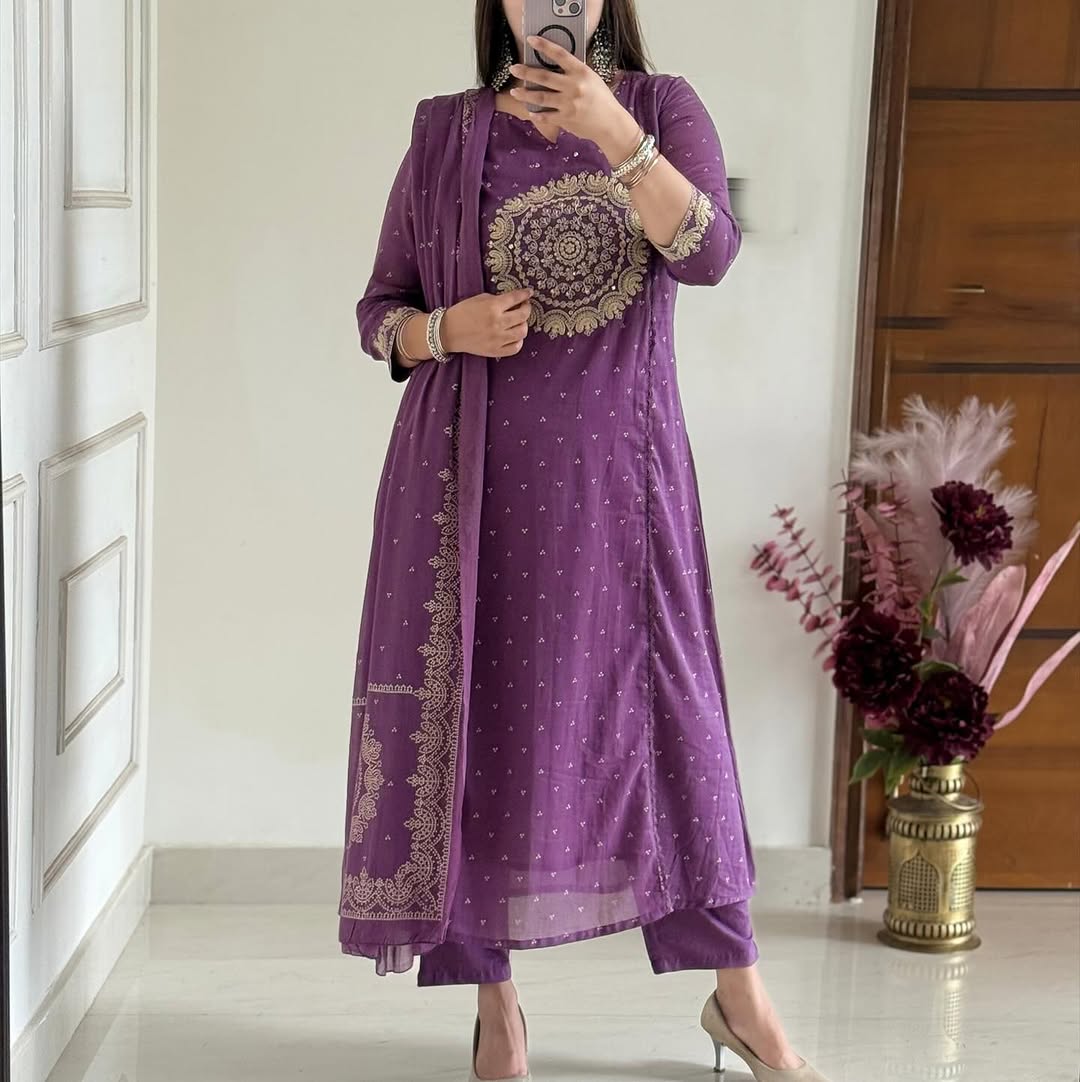 Purple Elegant A-Line Kurti with Embroidery & Dupatta