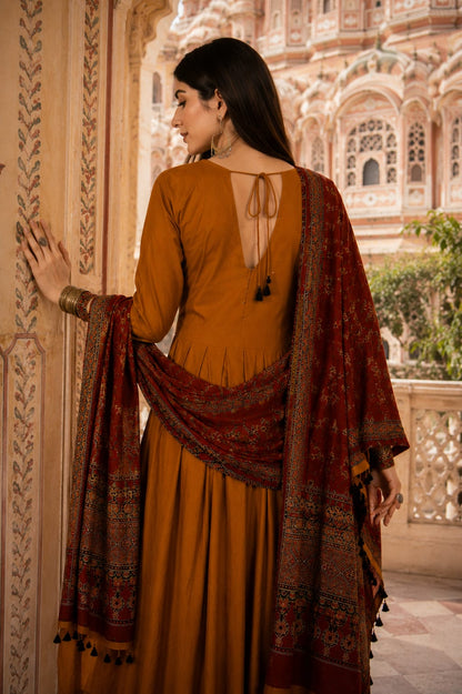 Mustard Printed Anarkali Suit Set With Dupatta