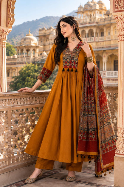 Mustard Printed Anarkali Suit Set With Dupatta