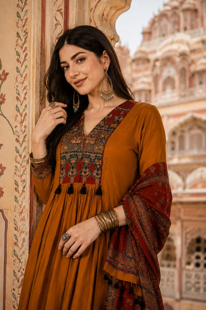 Mustard Printed Anarkali Suit Set With Dupatta
