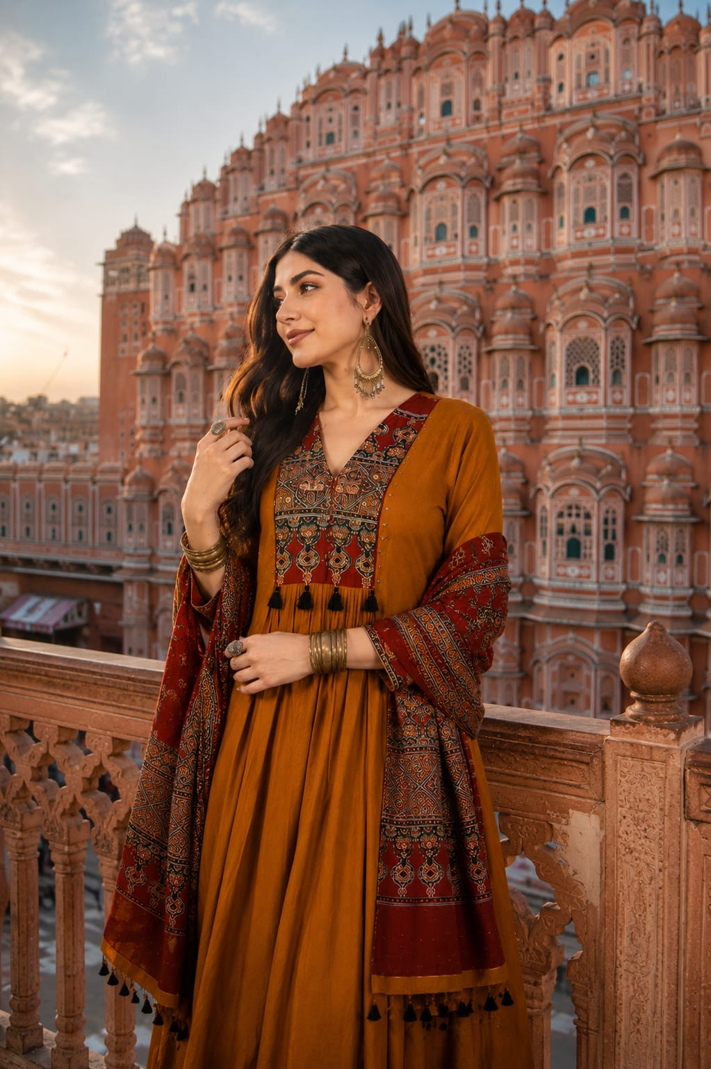 Mustard Printed Anarkali Suit Set With Dupatta