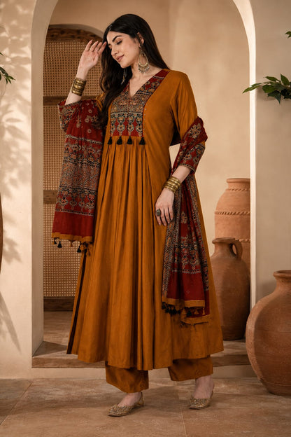 Mustard Printed Anarkali Suit Set With Dupatta