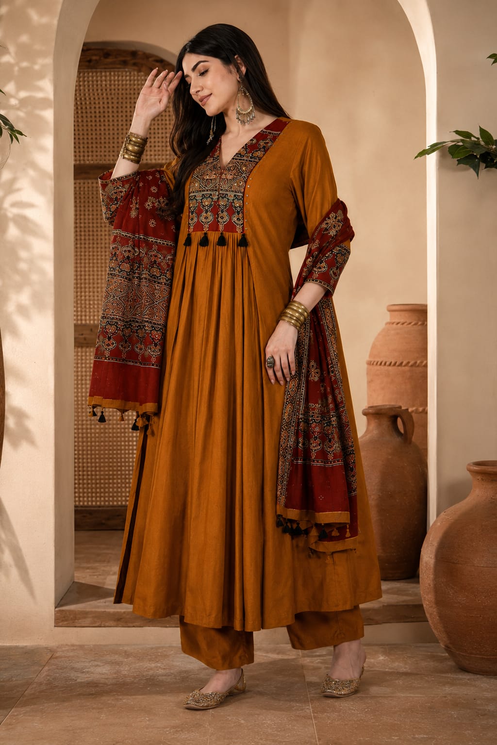 Mustard Printed Anarkali Suit Set With Dupatta