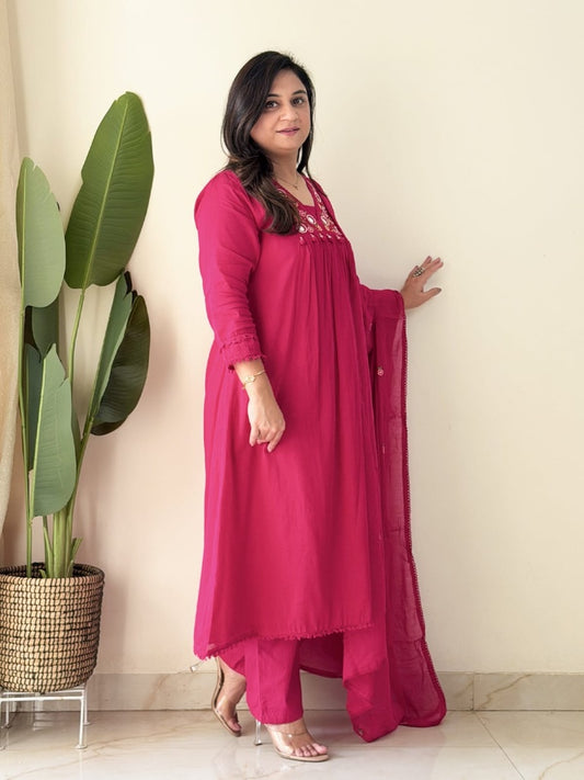 Magenta Pink Embroidered Kurta Set with Mirror Work Festive Suit for Women