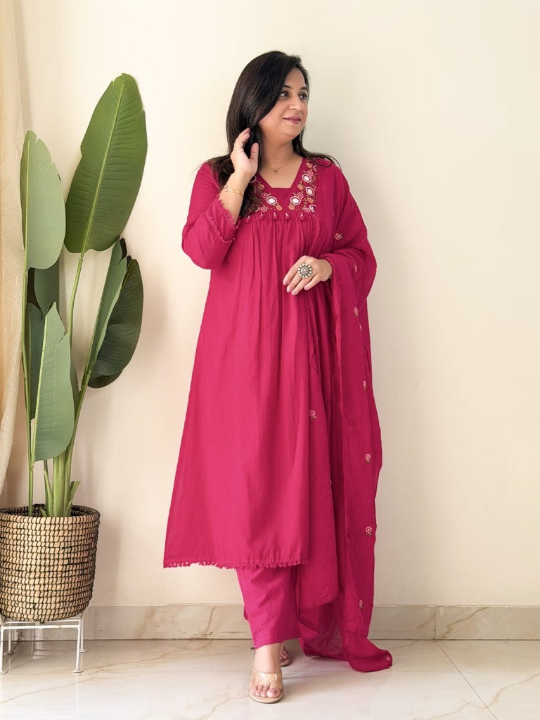 Magenta Pink Embroidered Kurta Set with Mirror Work Festive Suit for Women