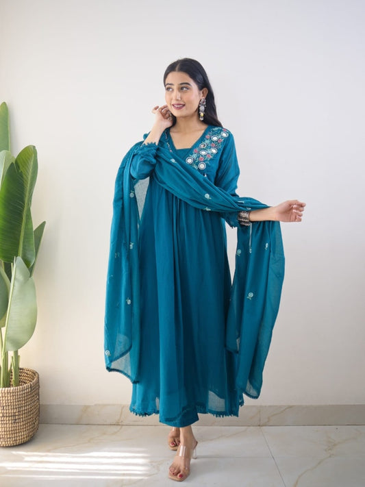 Teal Blue Mirror Work Festive Kurta Set with Tassels for Women