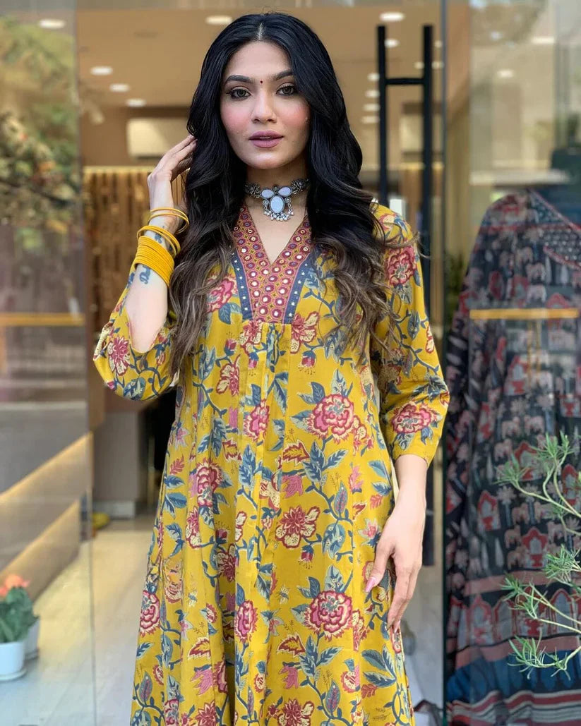 Floral Printed Cotton Kurta and Pant Set with Mulmul Dupatta